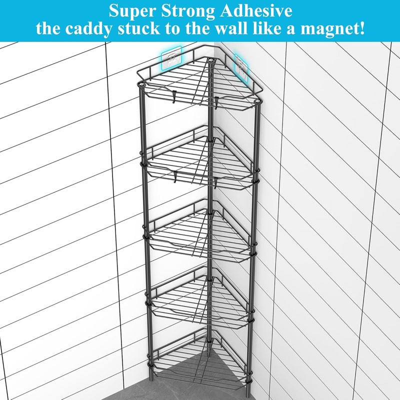 HuggieGems 5 Tier Floor Standing Corner Shower Caddy Organizer Shelf with Hooks, Bathroom Shelves Stand Rack, Black - Image 1